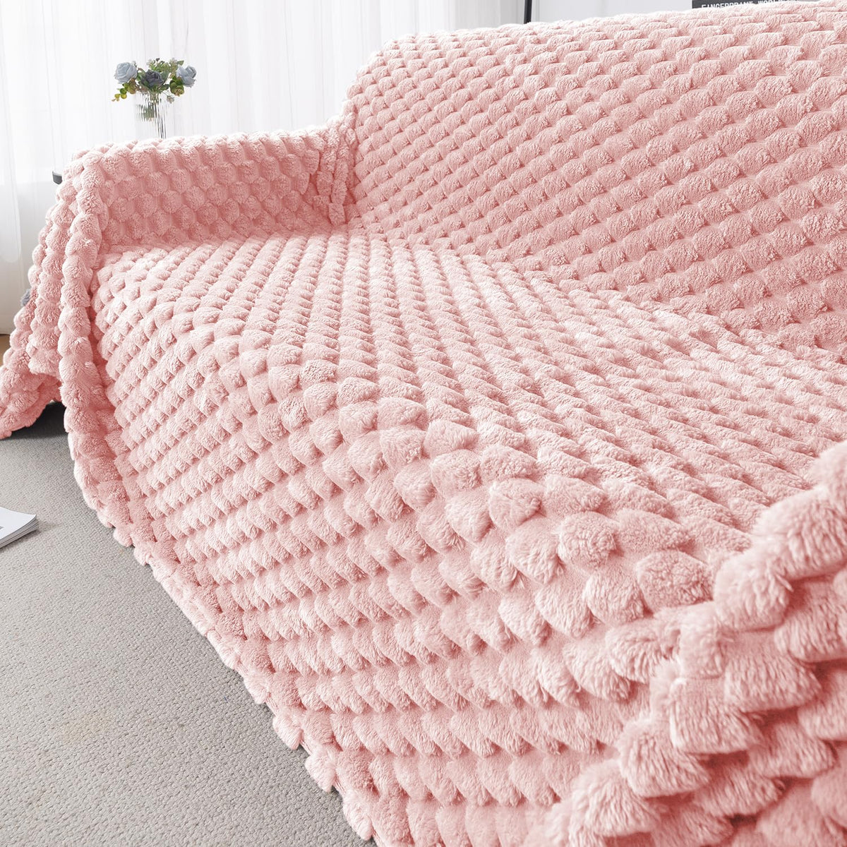 Luxury Rabbit Wool Plush Sofa Throw, Flamingo Pink
