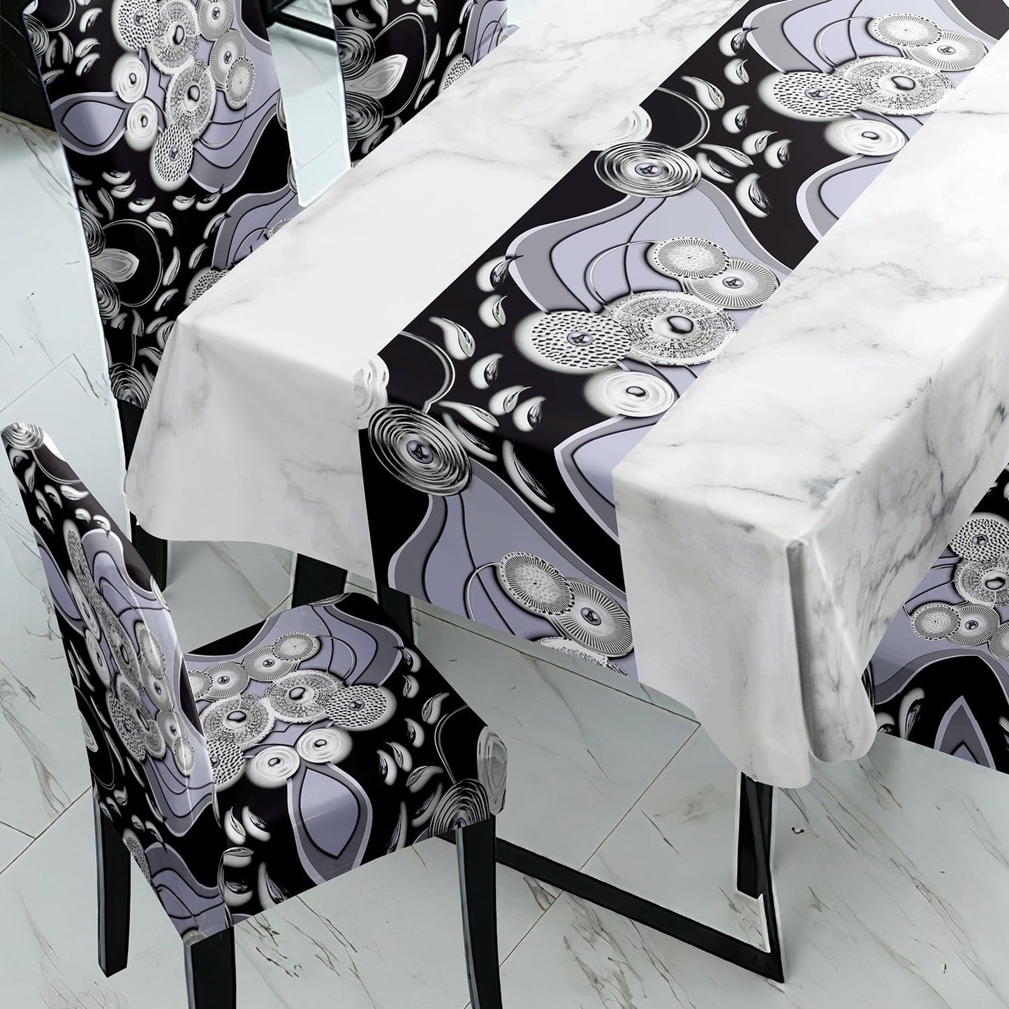 Black Printed Dining Set Cover | 4/6 Seater