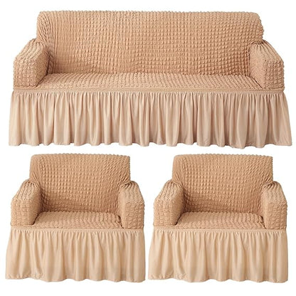 Beige Elastic Turkish Bubble Frill sofa cover for 3+1+1 seater​ sofa set