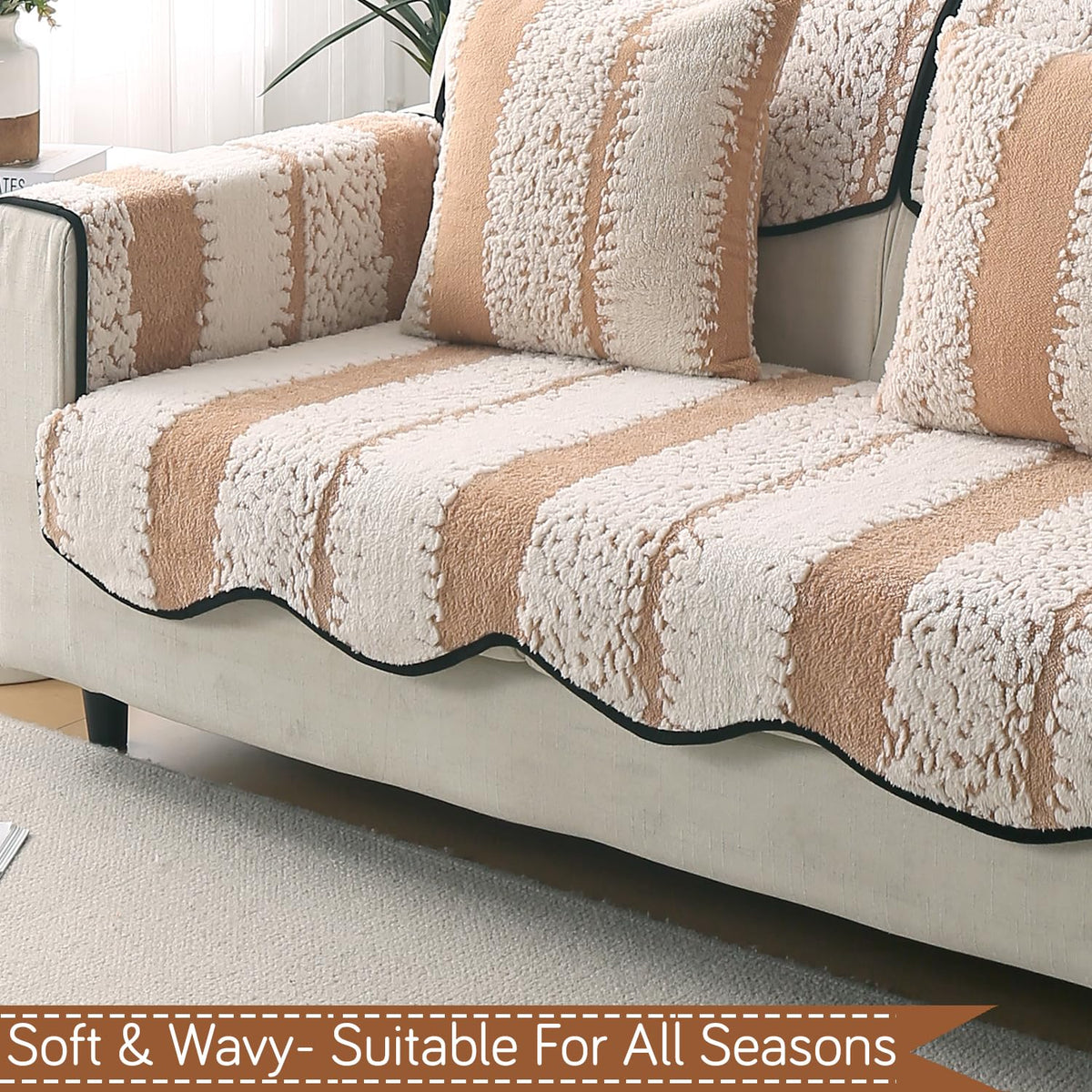 Luxury Sofa Cover Set | Seat, Back & Arm Covers | Anti-Slip Wavy Mat – Desert Brown