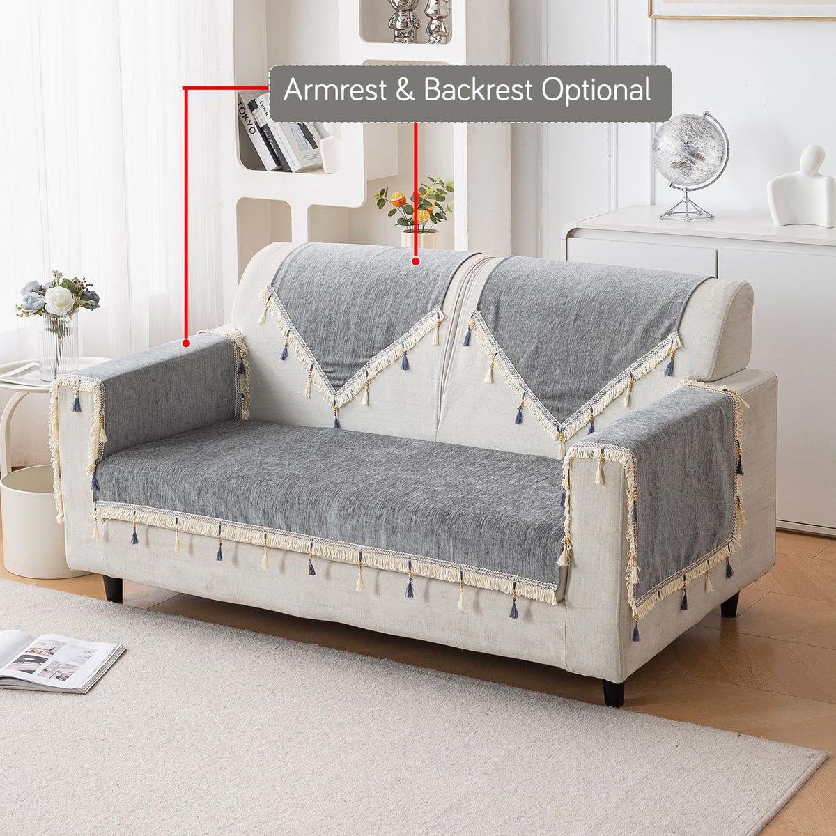 Serenity Tassel Chenille Sofa Cover with Tassel – Glacier Silver