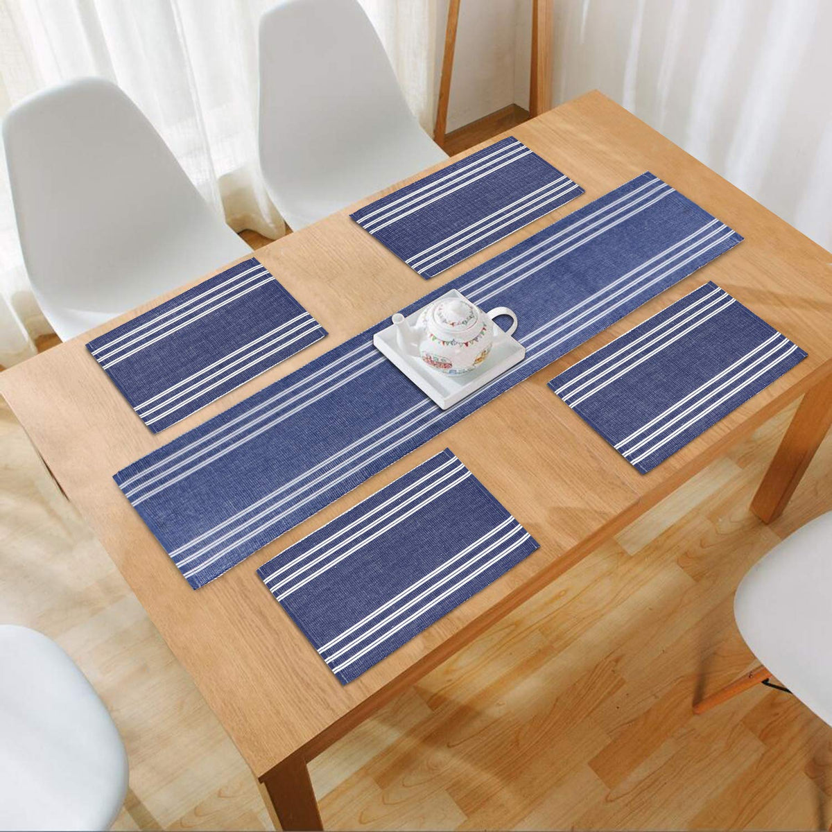 Ribbed Cotton Heat Resistant Dining Table Mat, Blue