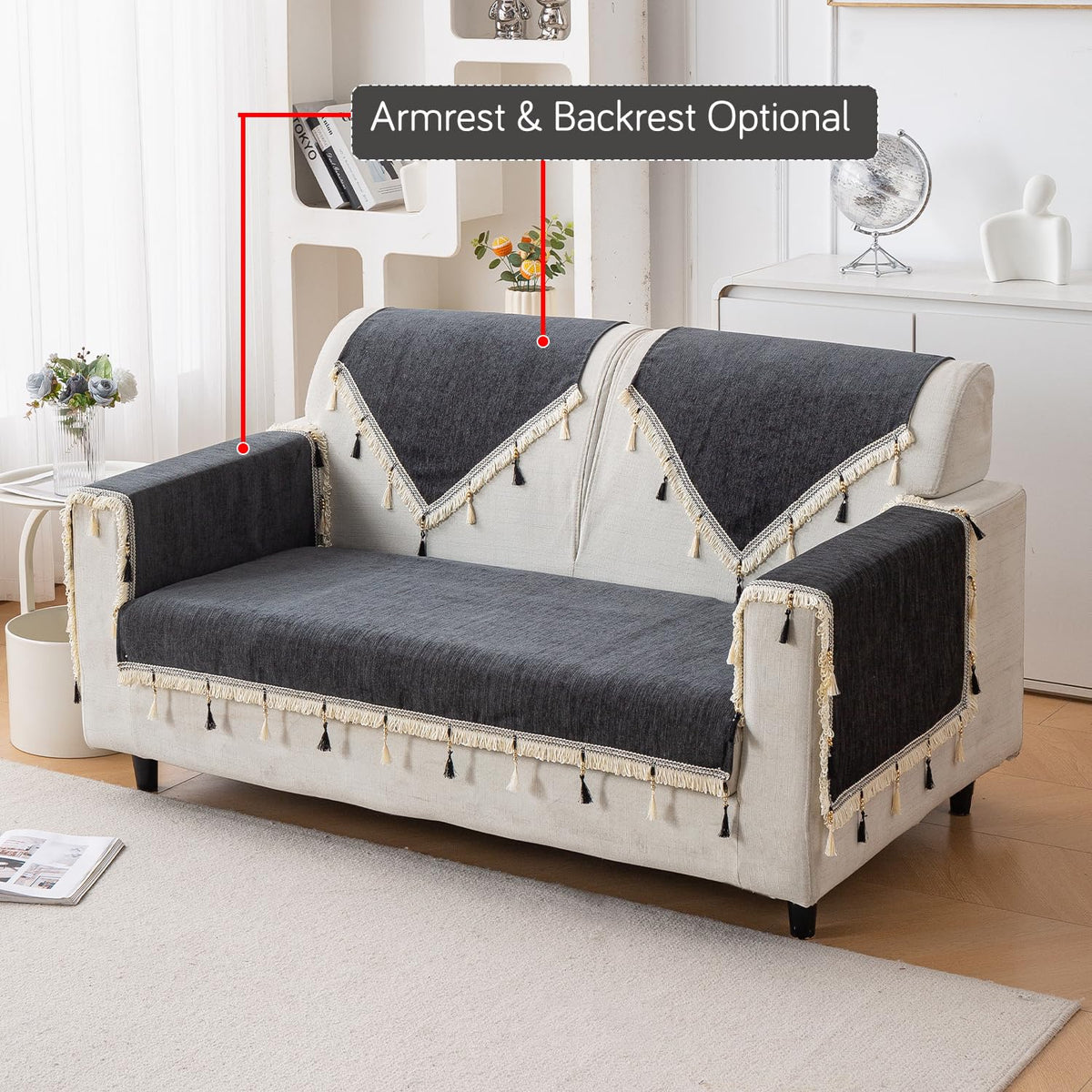 Serenity Tassel Chenille Sofa Cover with Tassel – Midnight Graphite