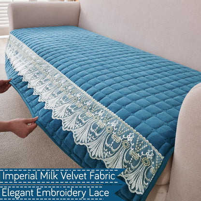 BelleLace Series Imperial Milk Velvet Sofa Cover Mat with Lace Design - Celdaon Blue