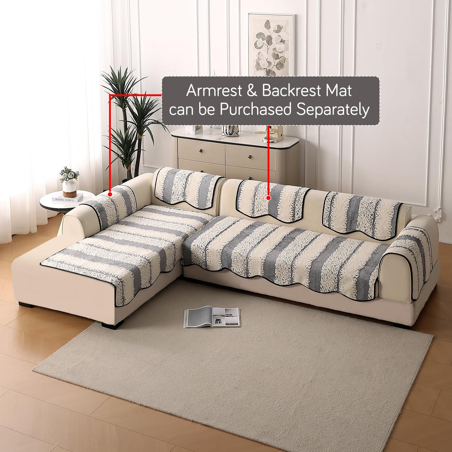 Luxury Wavy Mat with Anti Slip Backing  L Shape Sofa Cover Seat Mat - Pewter Grey