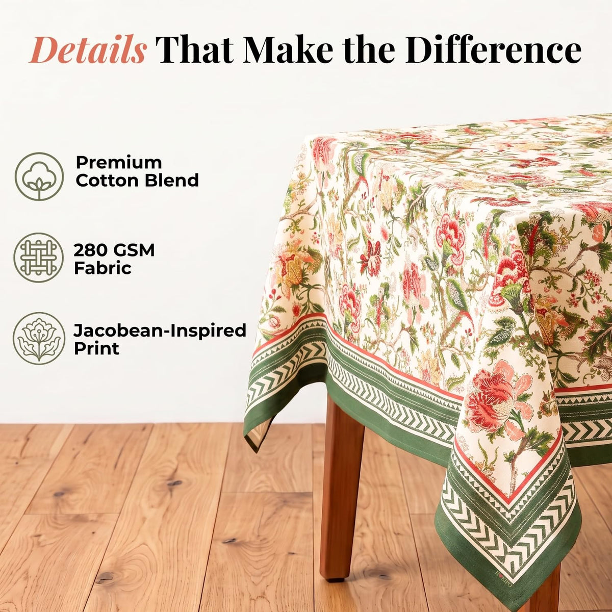 HOKIPO Jacobean Floral 6 Seater Table Cloth, Green - image 3