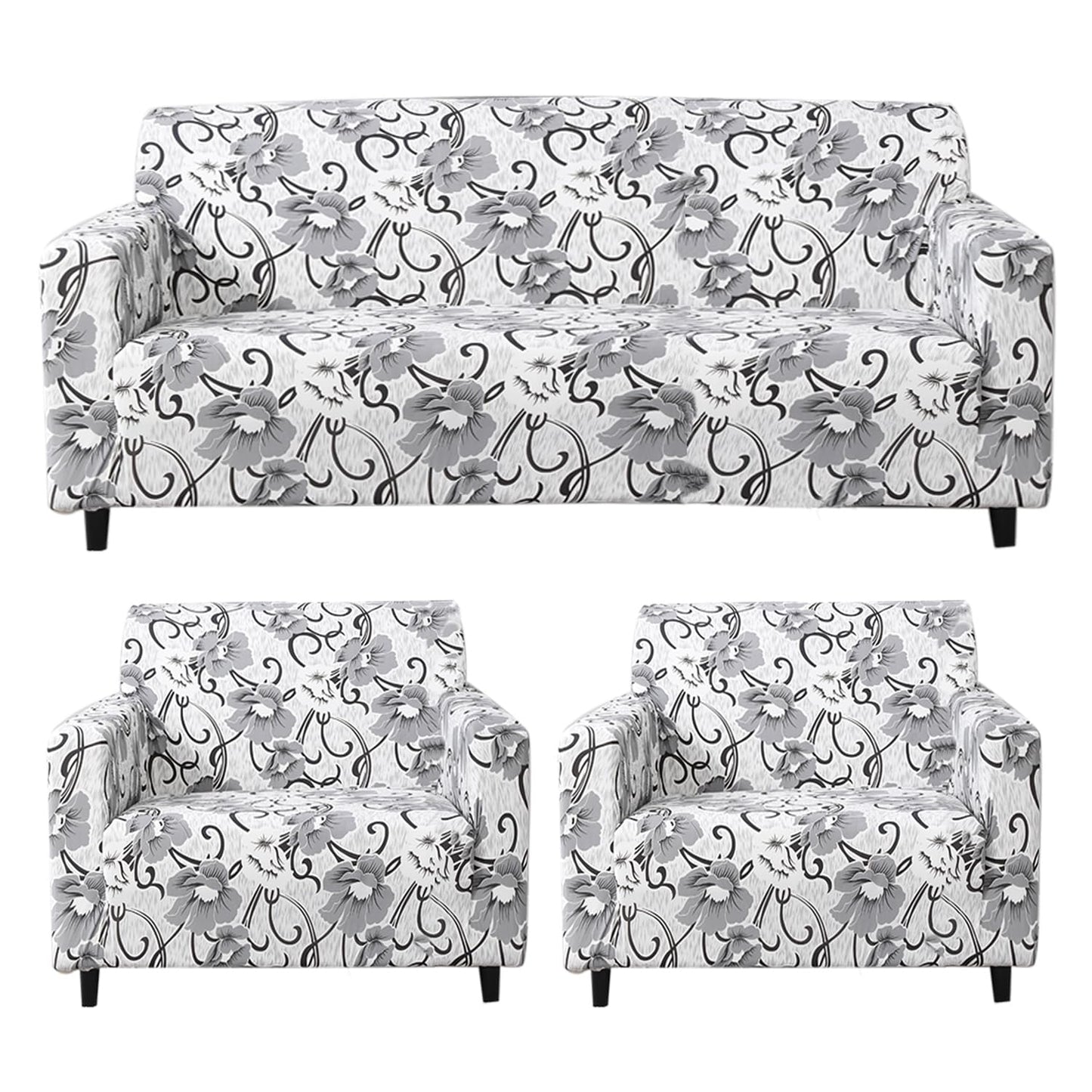 White Grey Flowers Printed stretchable sofa cover 3+1+1 seater sofa cover