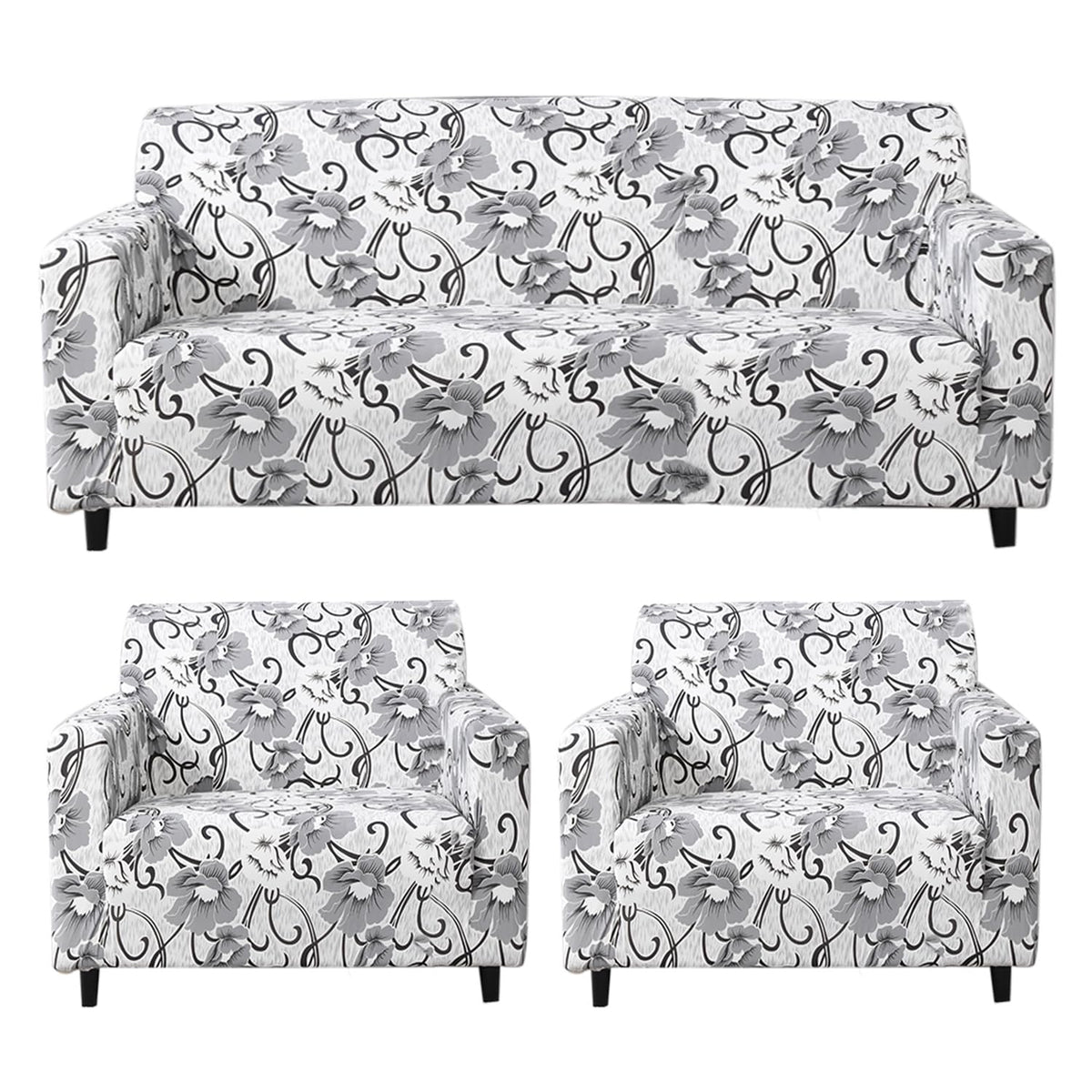 White Grey Flowers Printed stretchable sofa cover 3+1+1 seater sofa cover