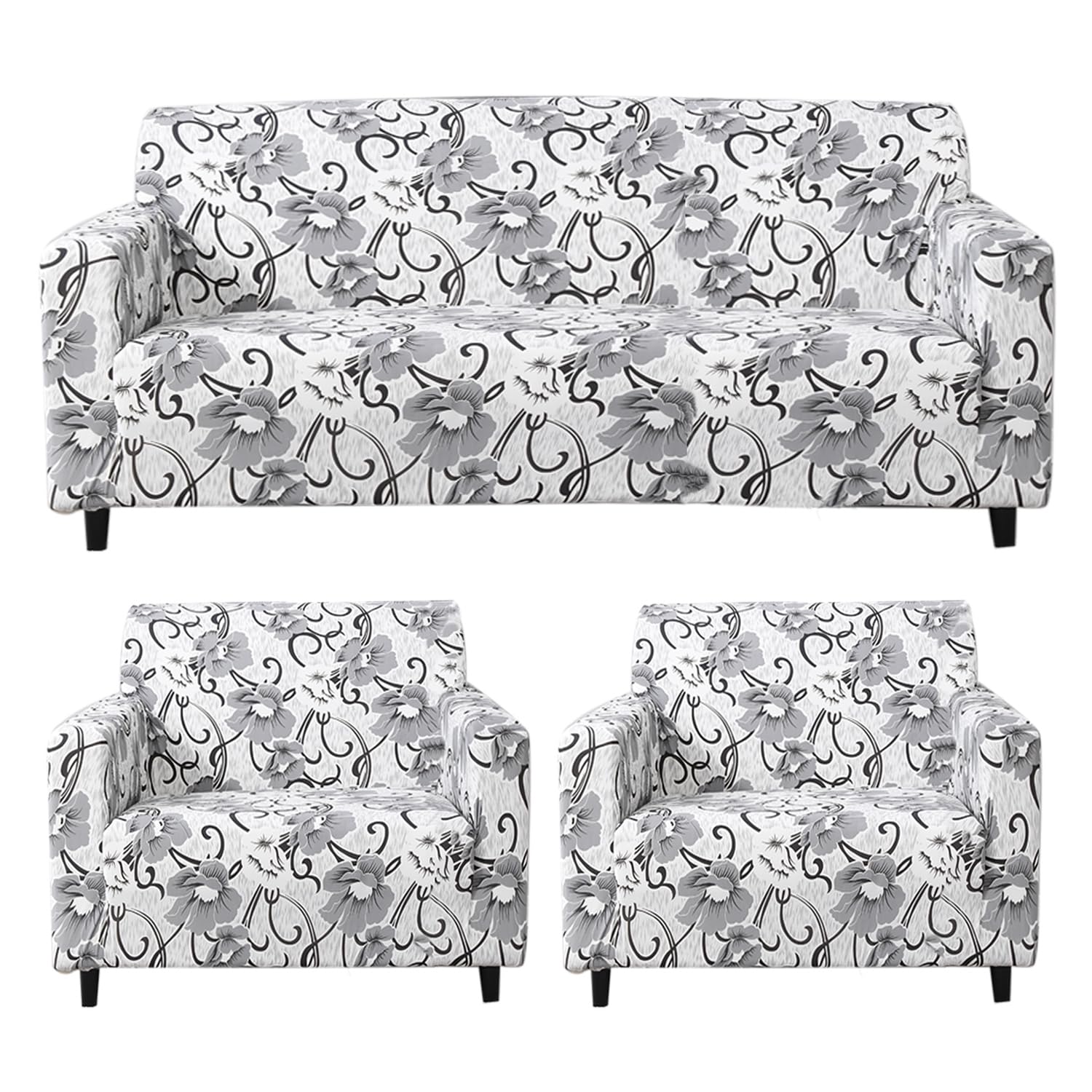 White Grey Flowers Printed stretchable sofa cover 3+1+1 seater sofa cover
