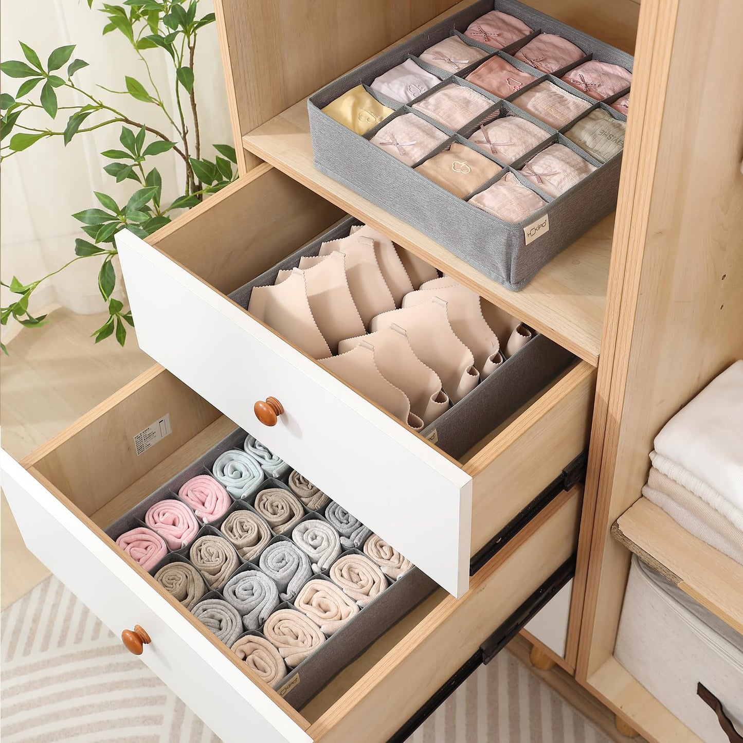Undergarment Organizer Storage Box for Drawers Panty Socks Tie Lingerie Organizer for Wardrobe, 7/16/24 Grid, Grey