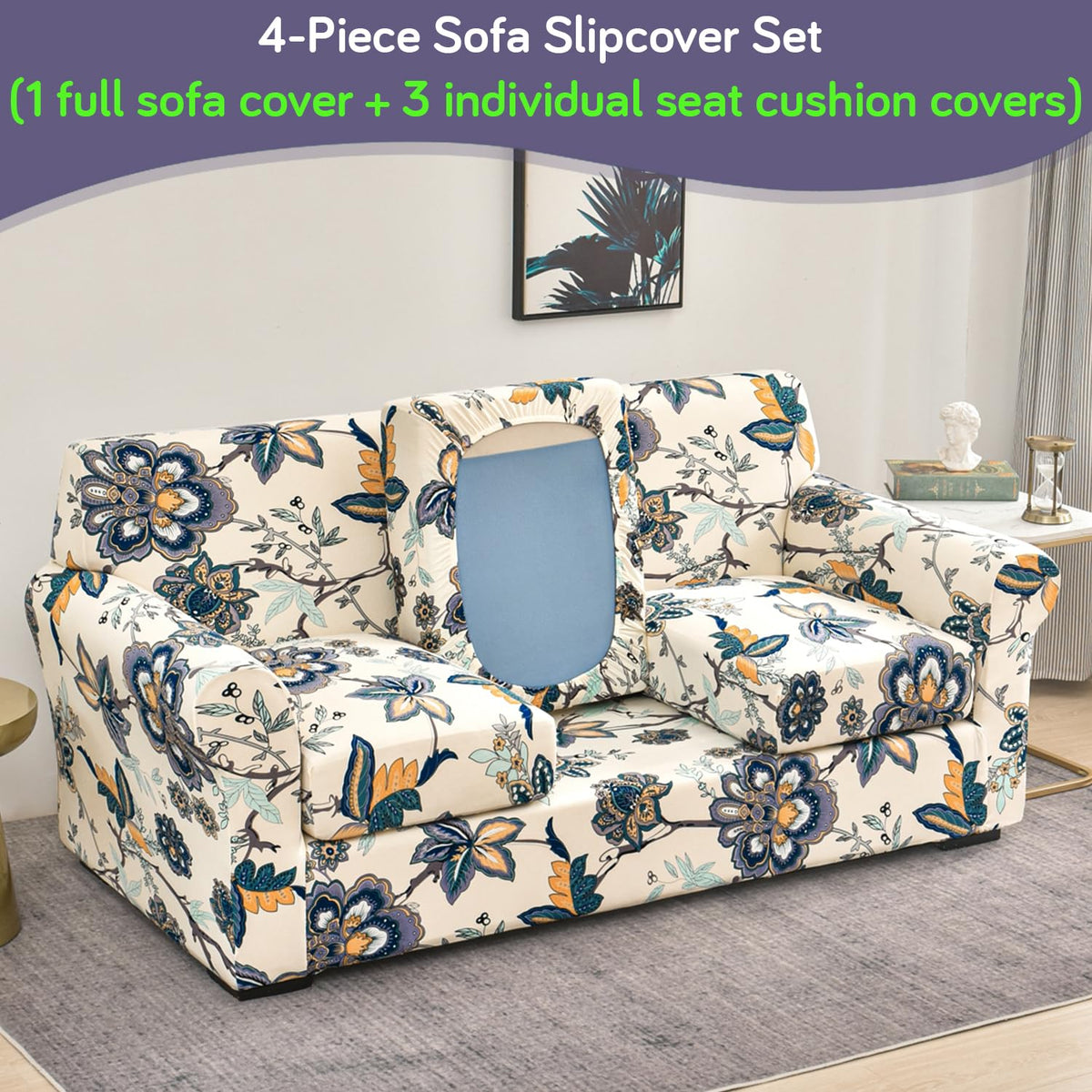 Printed Stretchable Sofa Slipcover with 1/2/3 Pc Separate Seat Cushion Cover for each 1/2/3 Seater, Cream Majestic Flora