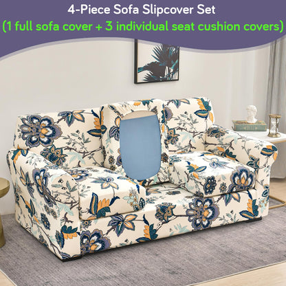 Printed Stretchable Sofa Slipcover with 1/2/3 Pc Separate Seat Cushion Cover for each 1/2/3 Seater, Cream Majestic Flora