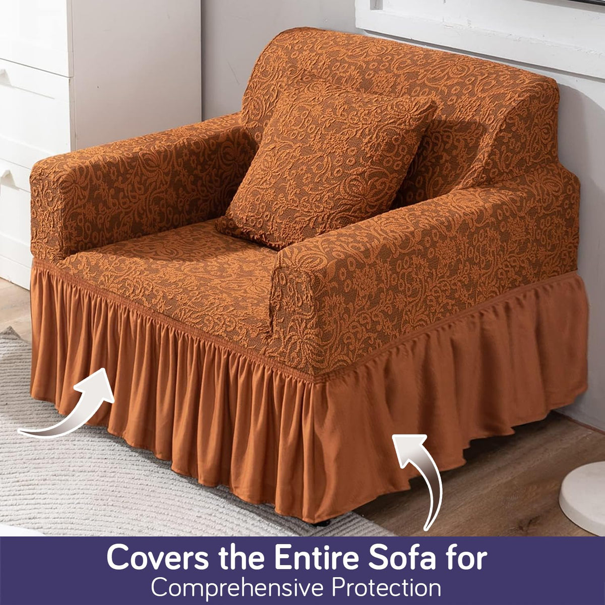 Elastic Stretchable Designer Woven Jacquard Sofa Cover with Frill, Caramel Brown