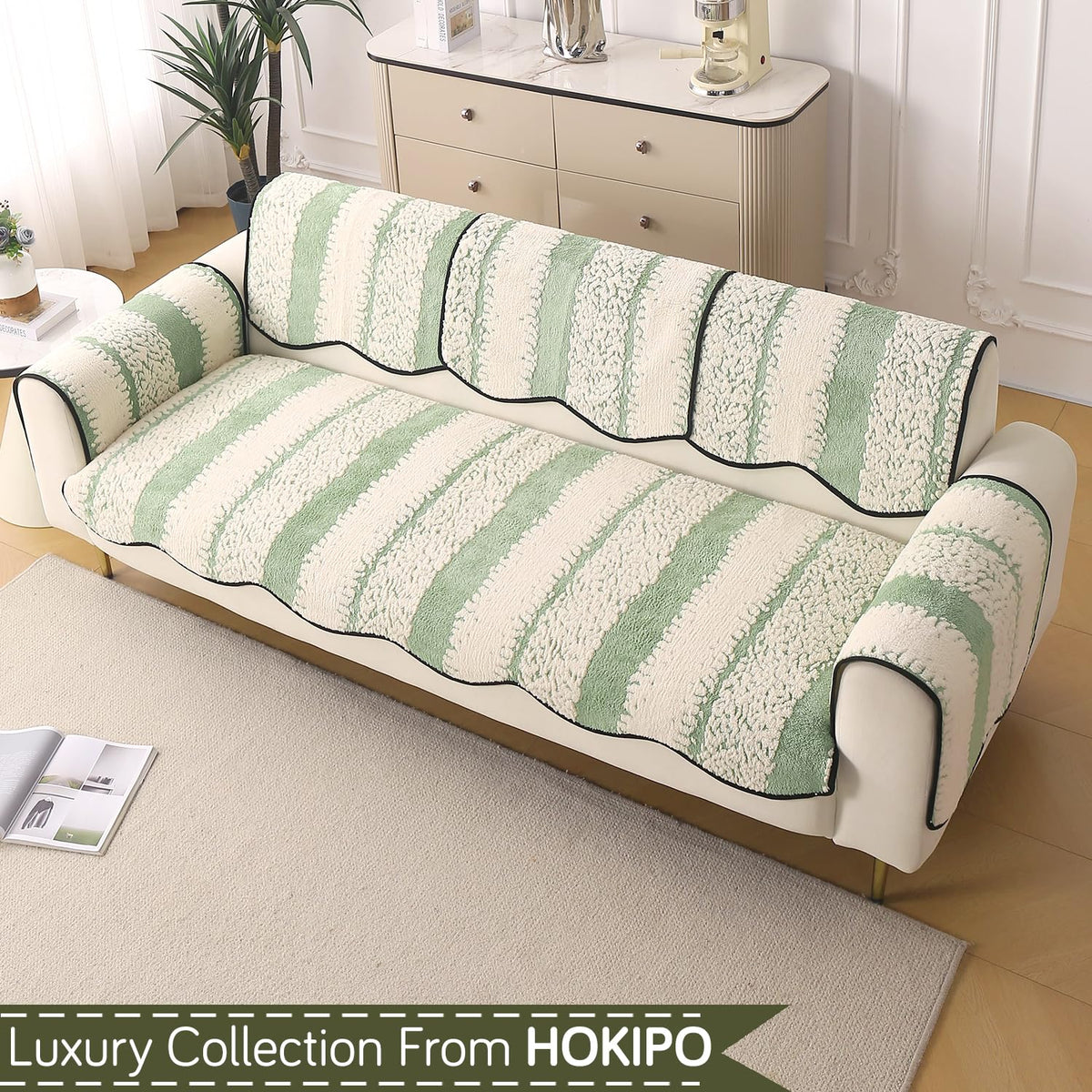 Luxury Sofa Cover Set | Seat, Back & Arm Covers | Anti-Slip Wavy Mat – Pistachio Green