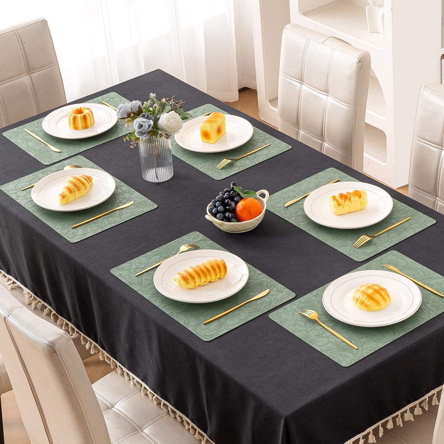 Hibiscus Bloom Washable Leather Mats for Dining Table - Sage Green