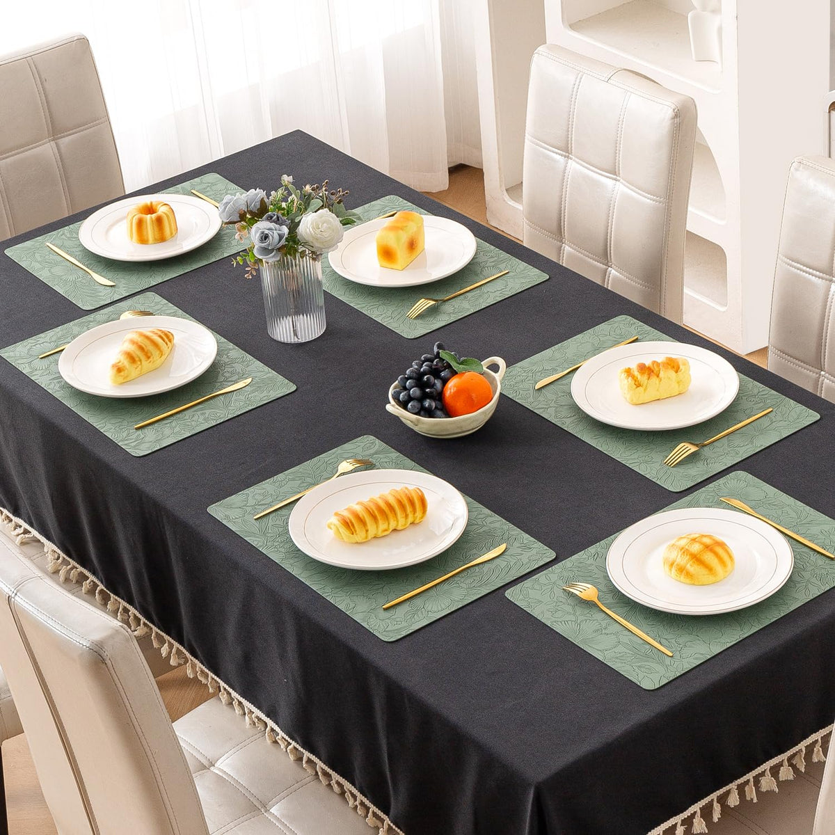 Hibiscus Bloom Washable Leather Mats for Dining Table - Sage Green