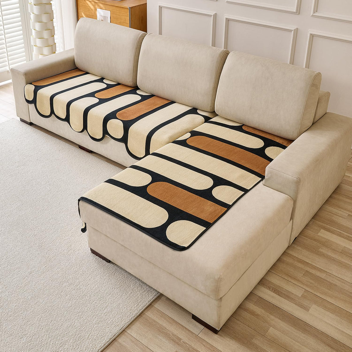 Buy Oyster Beige Colour Moderna Curves L Shape Sofa Cover | HOKIPO