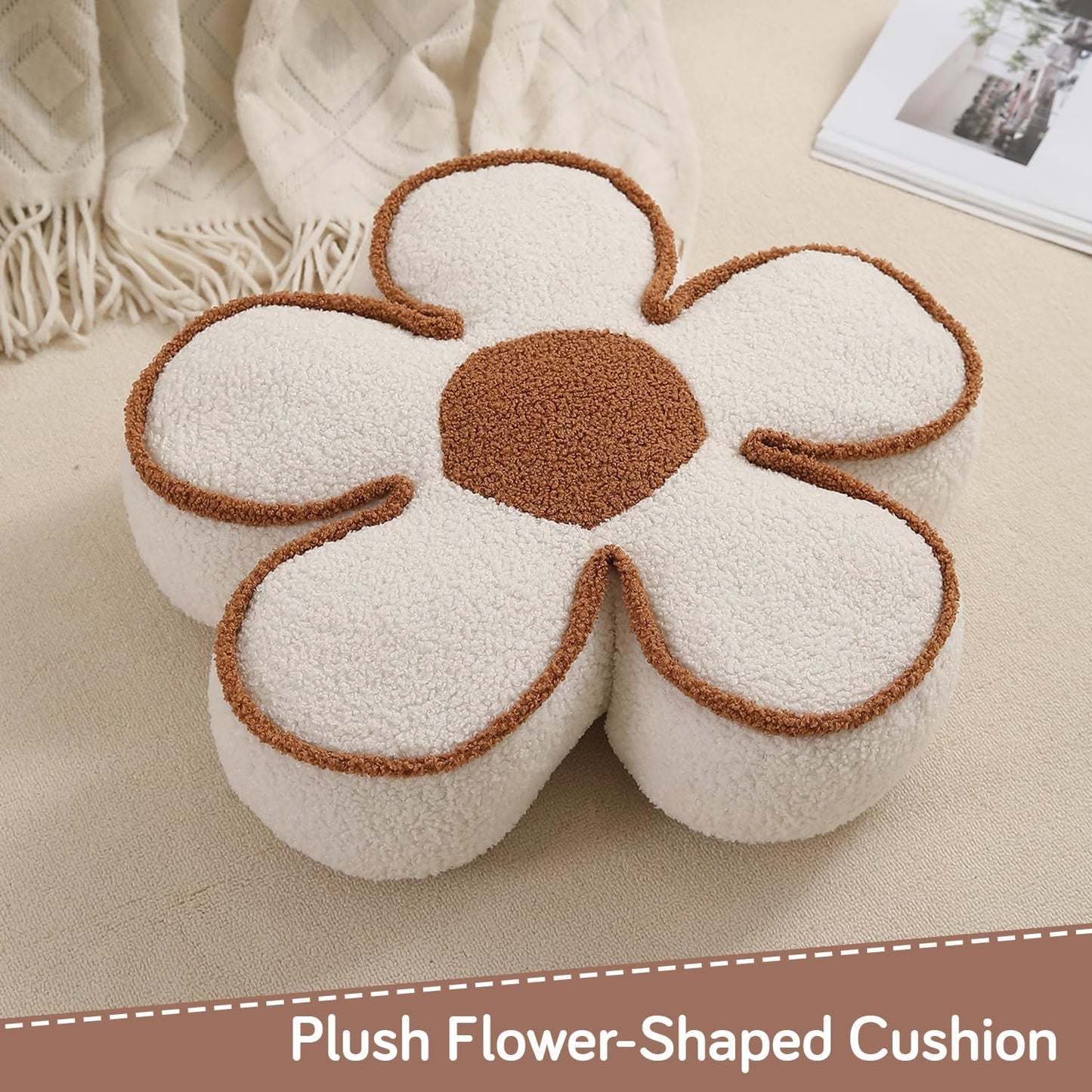 HOKIPO Plush Cotton Flower Cushion | Decorative Throw Pillow for Bed & Sofa - White