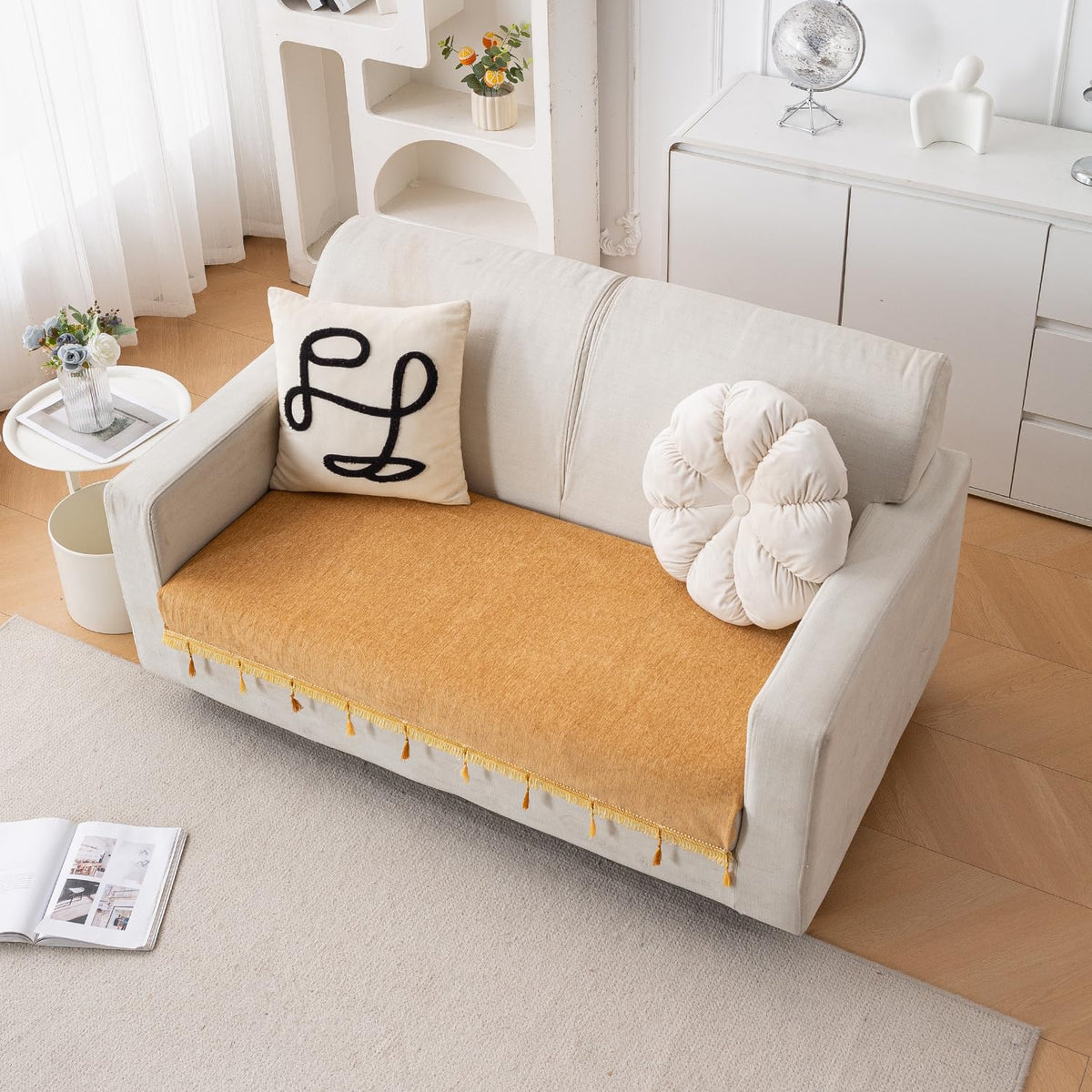 Serenity Tassel Chenille Sofa Cover with Tassel – Sunlit Amber