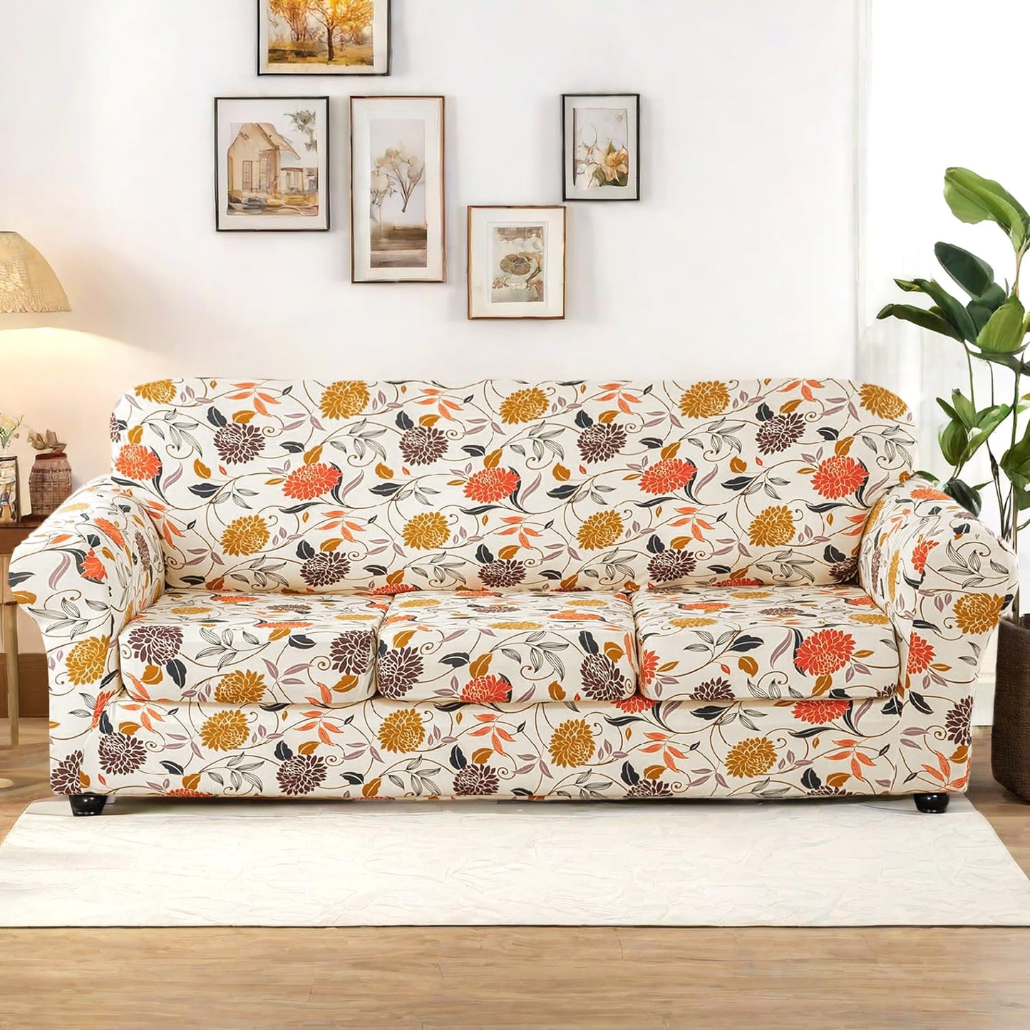Printed Stretchable Sofa Slipcover with 1/2/3 Pc Separate Seat Cushion Cover for each 1/2/3 Seater, Sunset Botanical Bloom