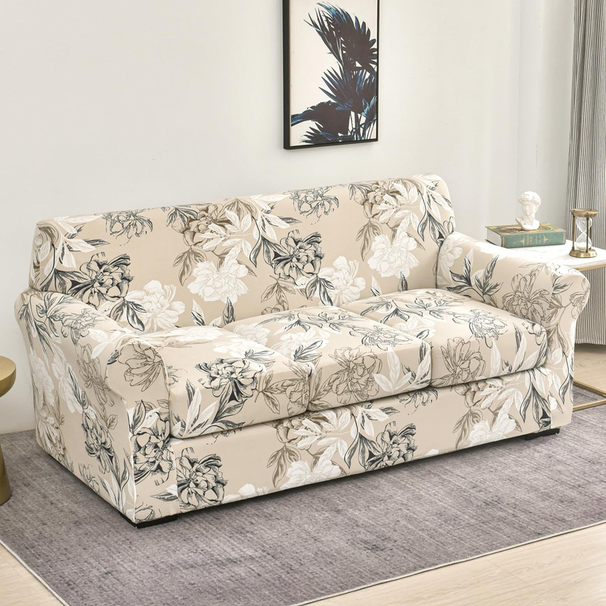 Printed Stretchable Sofa Slipcover with 1/2/3 Pc Separate Seat Cushion Cover for each 1/2/3 Seater, Beige Vintage Peony