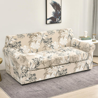 Printed Stretchable Sofa Slipcover with 1/2/3 Pc Separate Seat Cushion Cover for each 1/2/3 Seater, Beige Vintage Peony