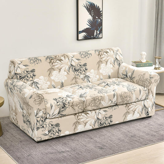 Printed Stretchable Sofa Slipcover with 1/2/3 Pc Separate Seat Cushion Cover for each 1/2/3 Seater, Beige Vintage Peony