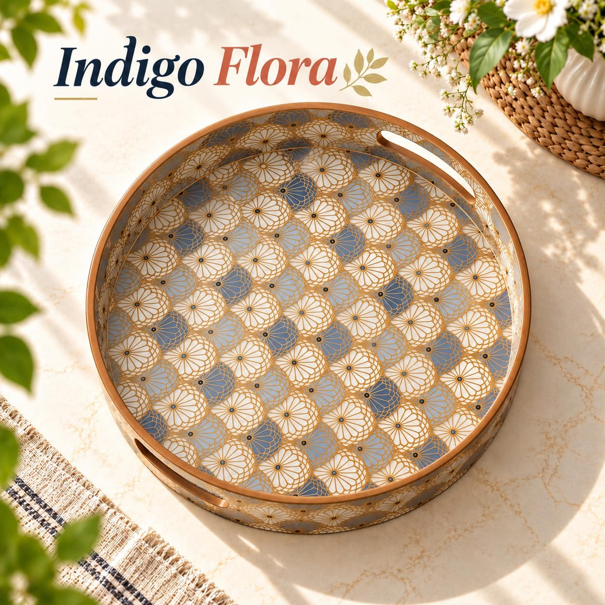 HOKIPO Round Serving Tray 12 in, Engineered Wood, Indigo Flora - image 2