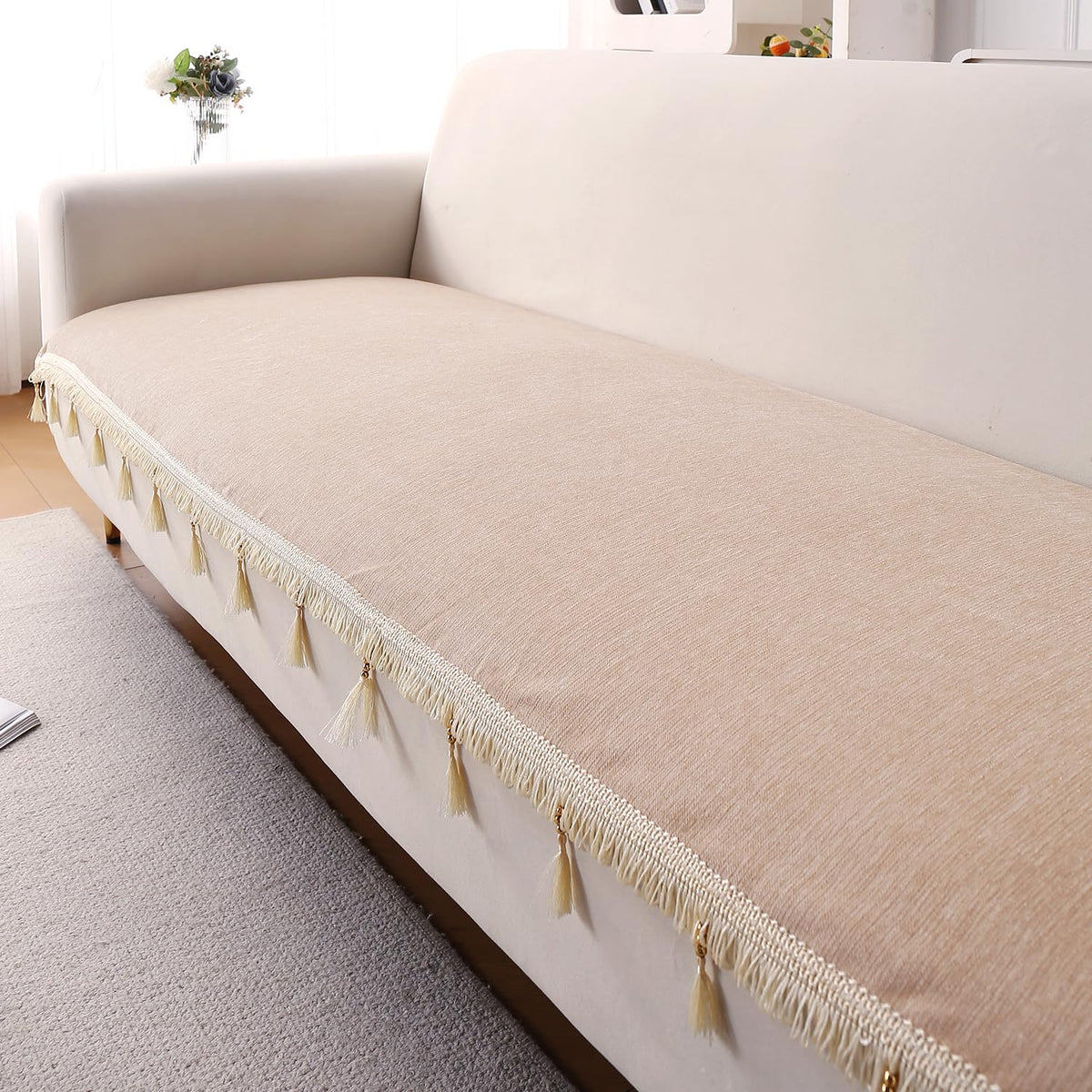 Serenity Tassel Chenille Sofa Cover with Tassel – Ivory Fringe