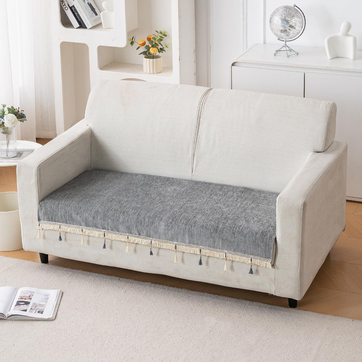 Serenity Tassel Chenille Sofa Cover with Tassel – Glacier Silver