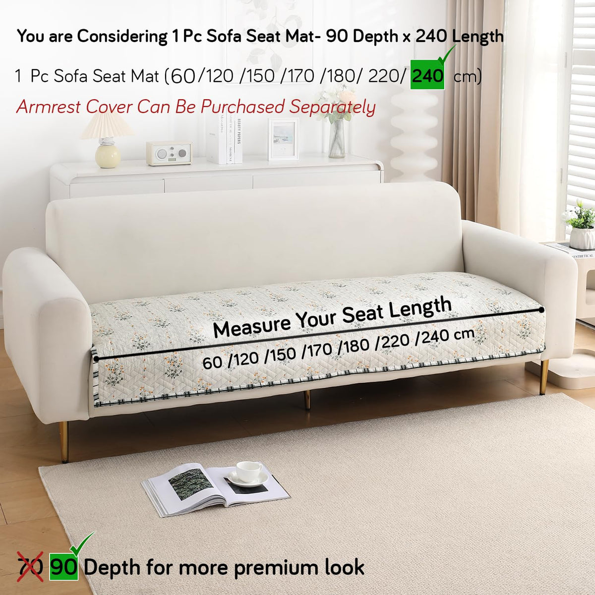 'Homehues' Printed Quilted Sofa Cover Mats, Light Green Ash Gypsy Flower