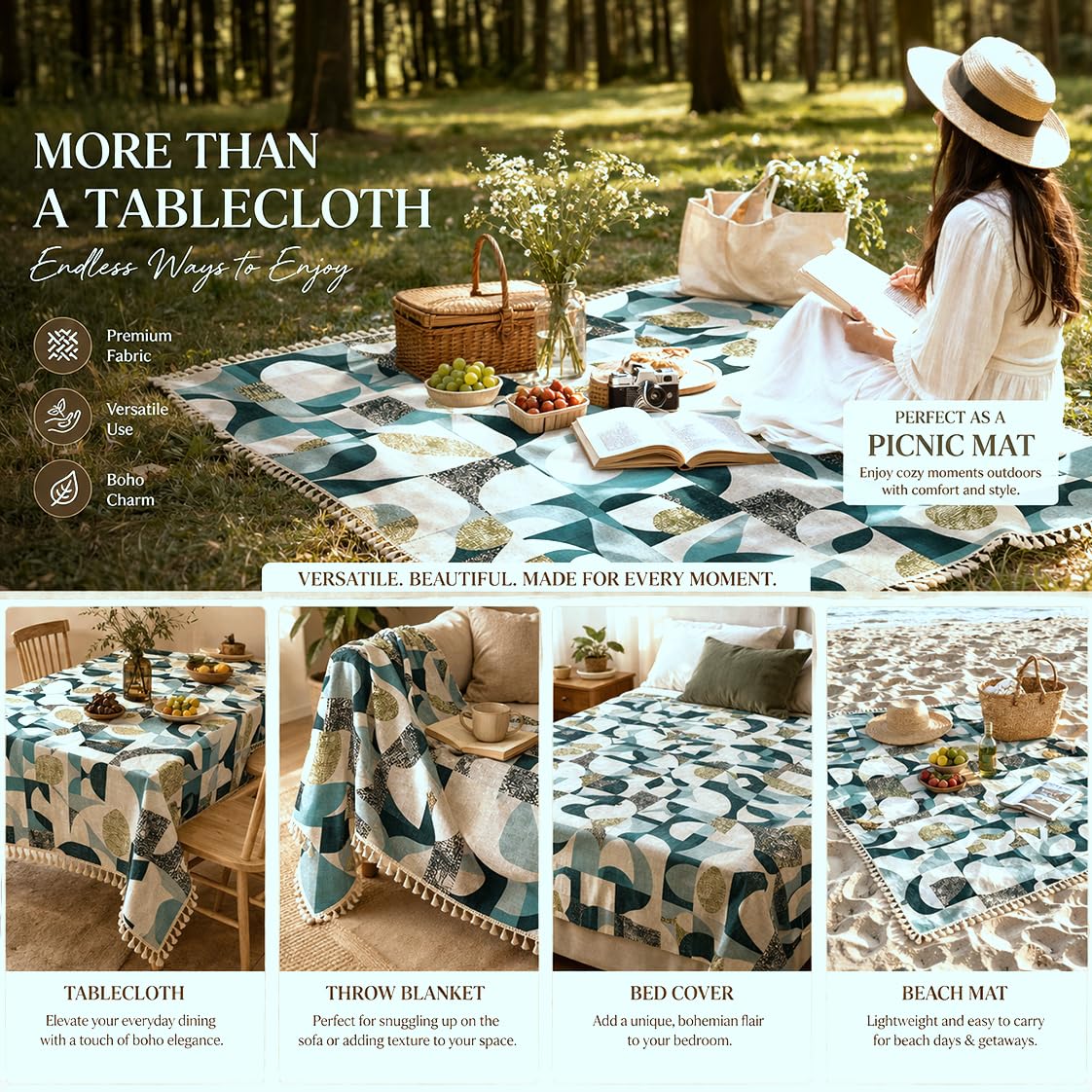HOKIPO ShieldQuilt Table Cloth with Tassel Edge for 4/6 Seater, Aqua Geometry - image 6