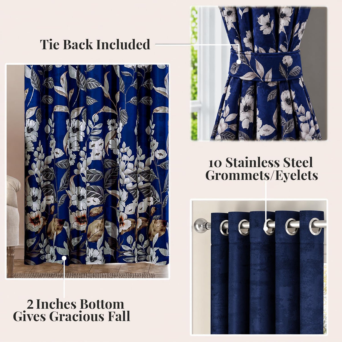HOKIPO Twilight Curtains, 7 Feet Long - Moonlit Blossom Royal Navy - image 3