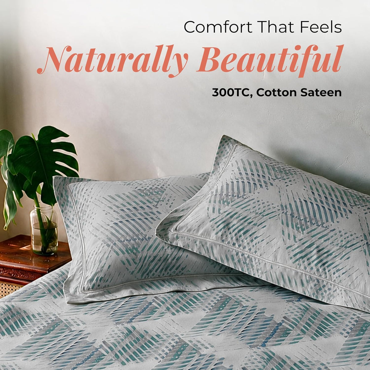 HOKIPO Geometric 300 TC Cotton Sateen Flat Bedsheet, King Size, Teal Grey - image 2