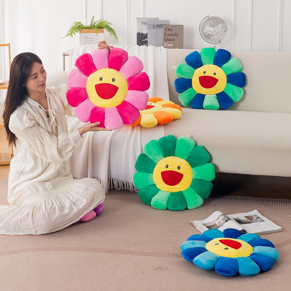 HOKIPO Smiley Sunflower Cushion for Sofa & Bed, 45 cm, Green