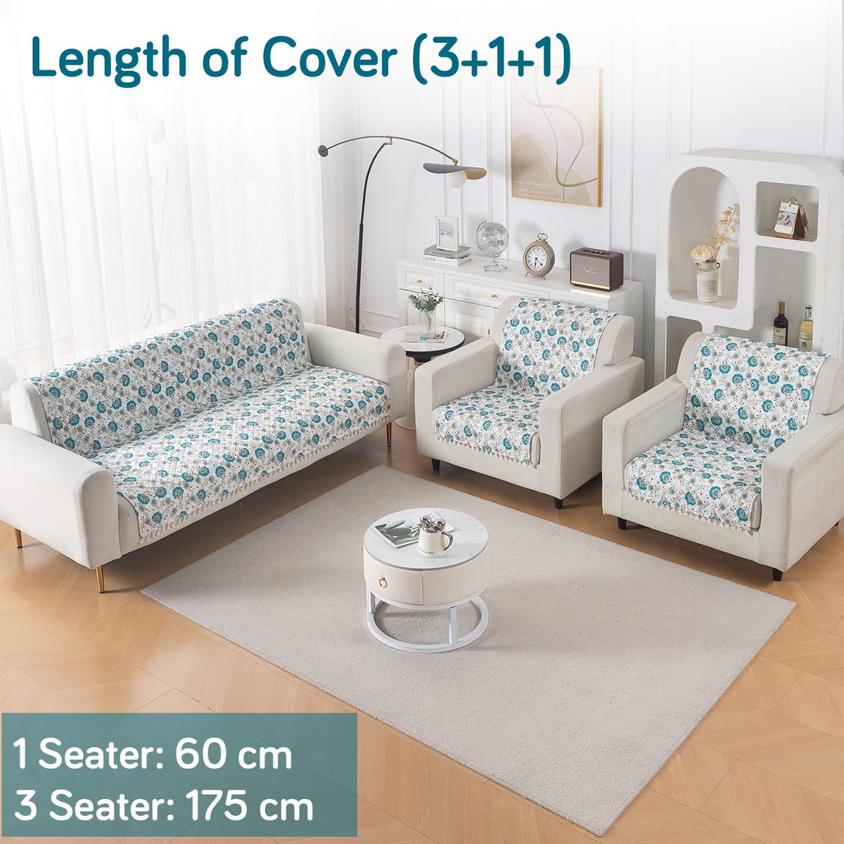 Quilted Sofa Cover 5-Seater Sofa Cover (3+1+1), Tassel Twigs | Cerulean Bloom