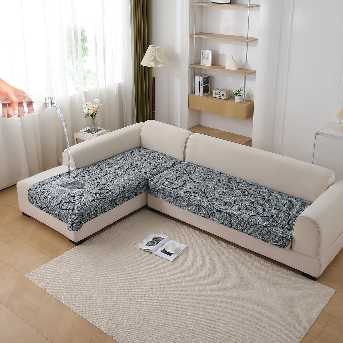 Waterproof Printed Quilted Quick Dry L Shape Sofa Seat Cover Mat, Intense Grey Abstract Floral