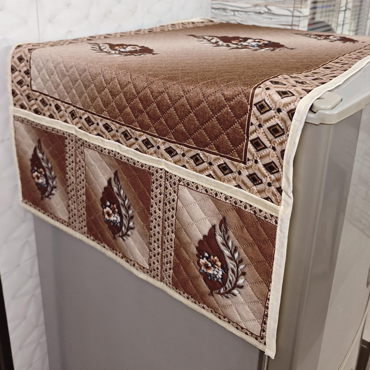 Eternal Floral Printed Quilted Fridge Top Cover with side Pockets - Ember Bloom