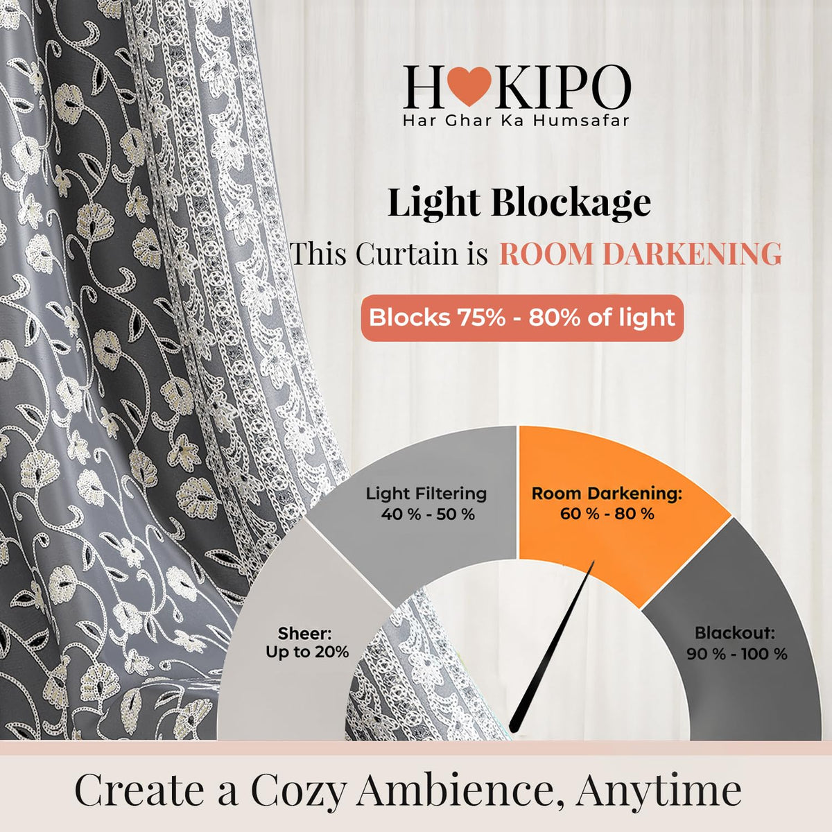 HOKIPO Shahi Bagh Eyelet Curtains, 7 Feet Long - Charcoal Grey - image 5