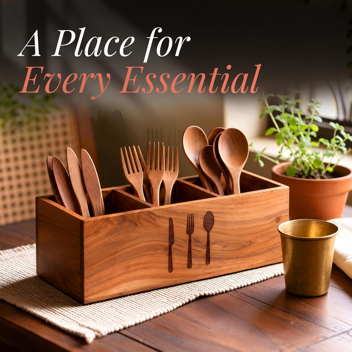 HOKIPO Arbor Acacia Wood Cutlery Holder, 3 Compartment Spoon Stand - image 2