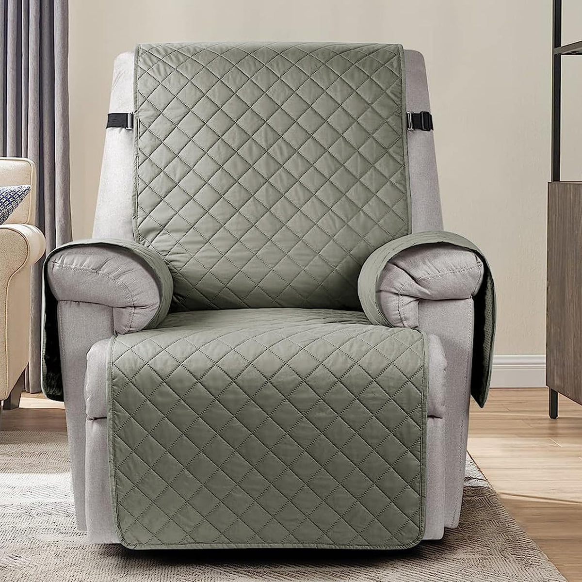 Quilted Recliner Chair Cover With Side Pockets for 1 Seater Sofa, Light Grey