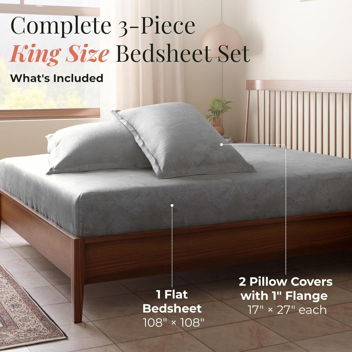 HOKIPO King Size Cotton Bedsheet, 2 Pillow Covers, Floral, Grey & Ivory - image 6