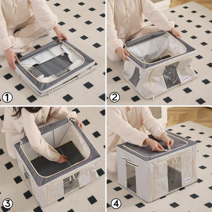 Wardrobe Organizer Storage Box | Foldable Cloth Storage Boxes with Metal Frame & Window | 600D Oxford Fabric, Cream Mist