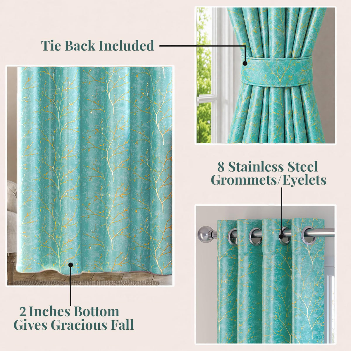 HOKIPO Shimmer Foil Printed Curtains, 7 Feet Long - Aqua - image 4