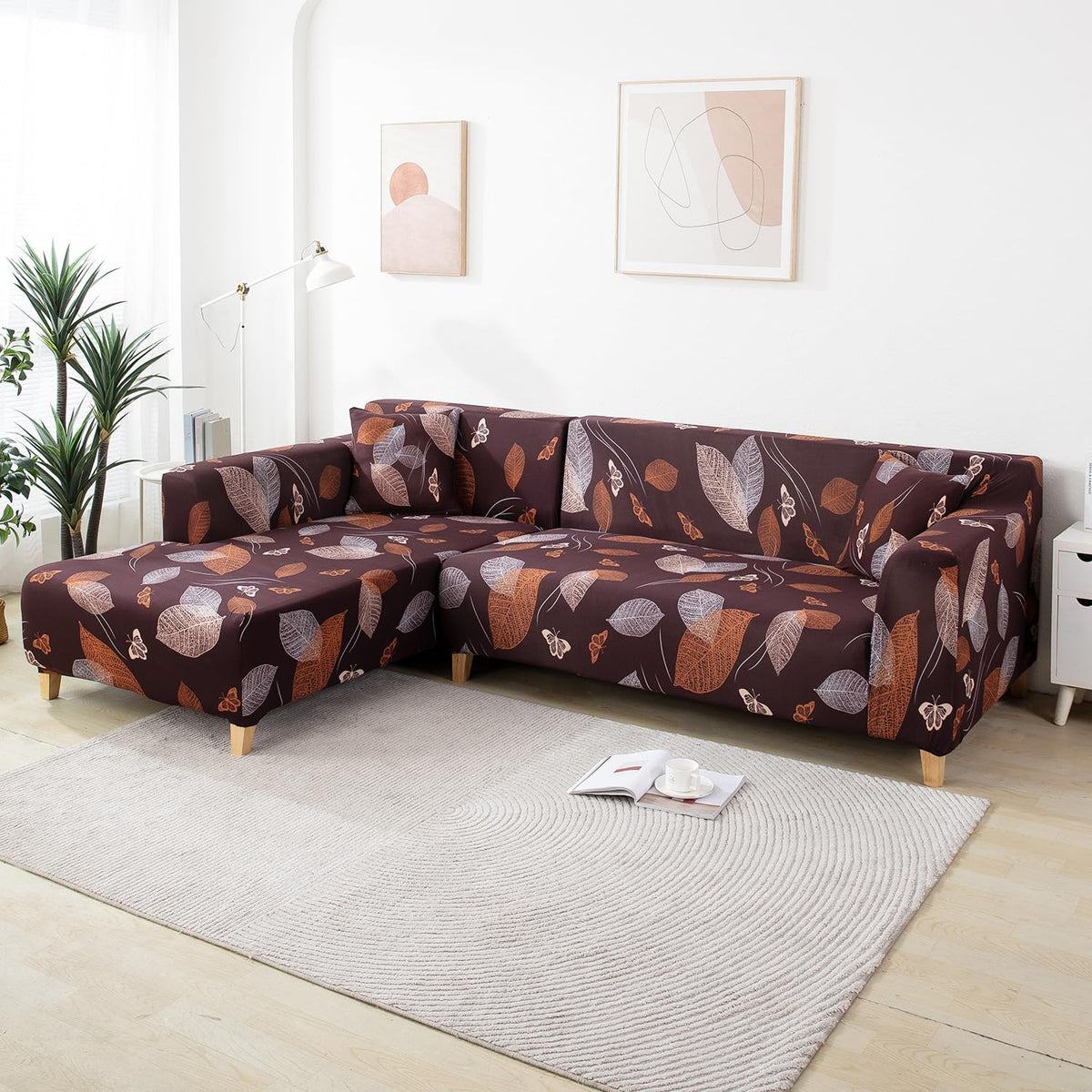 Dark Brown Leaf Print zippered square sofa cushion covers