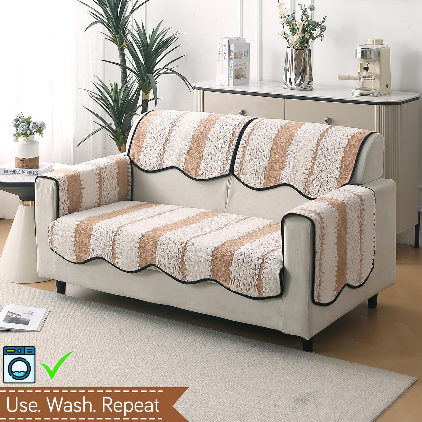 Luxury Wavy Anti Slip Plush Sofa Cover Mat, Desert Brown