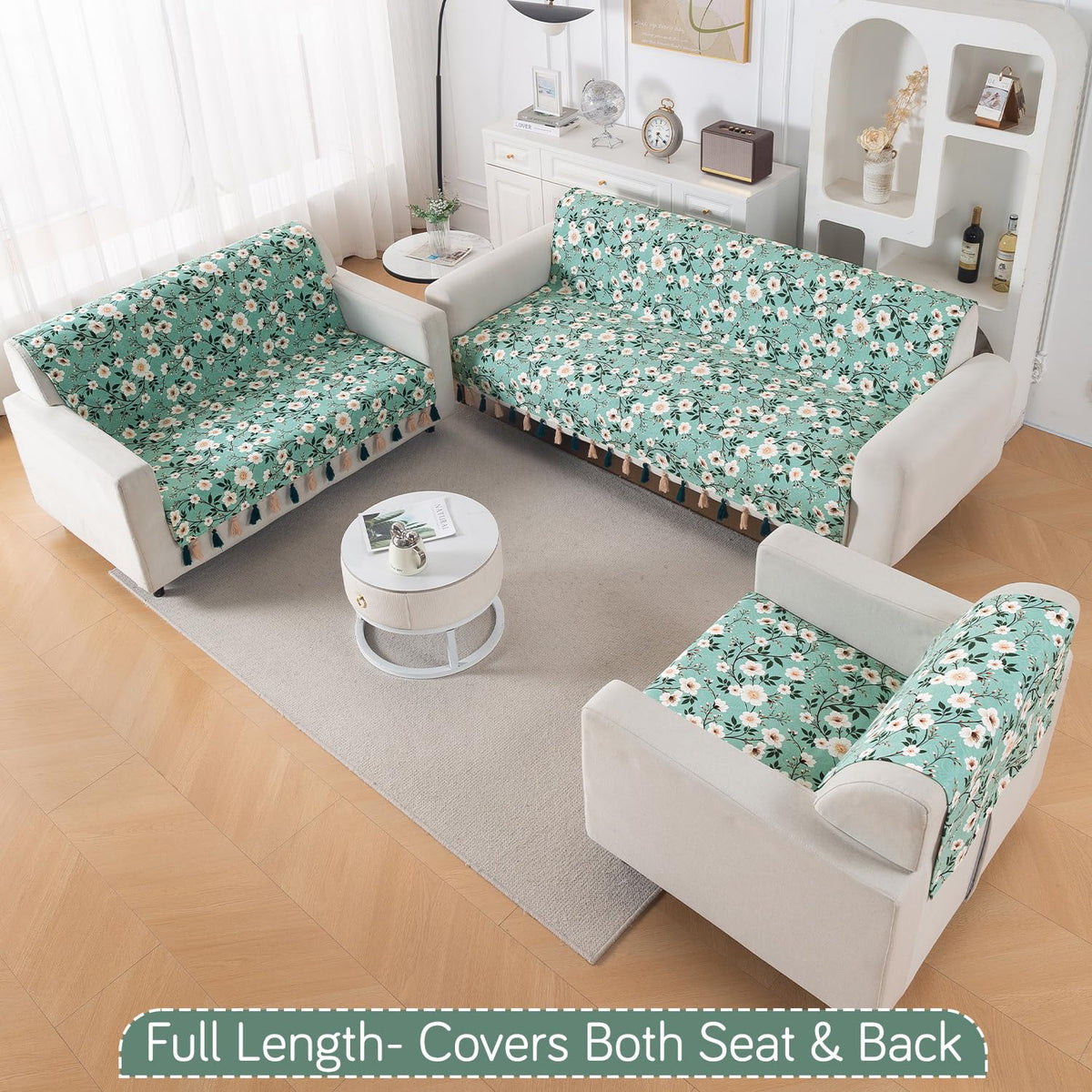 'Whispers of Nature' Series Holland Velvet Sofa Cover with Tassel, Sage Floral Vine