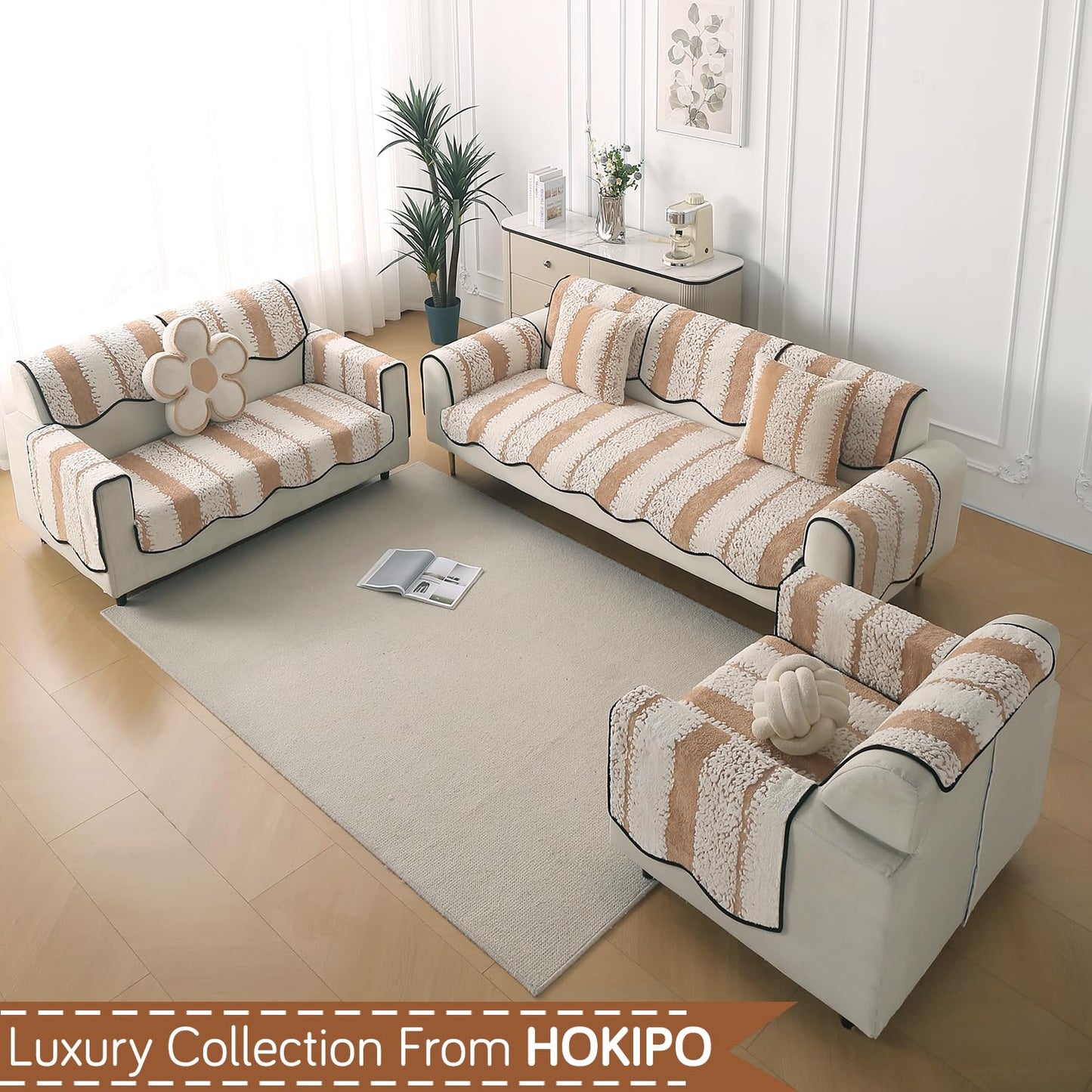 Luxury Wavy Anti Slip Plush Sofa Cover Mat, Desert Brown