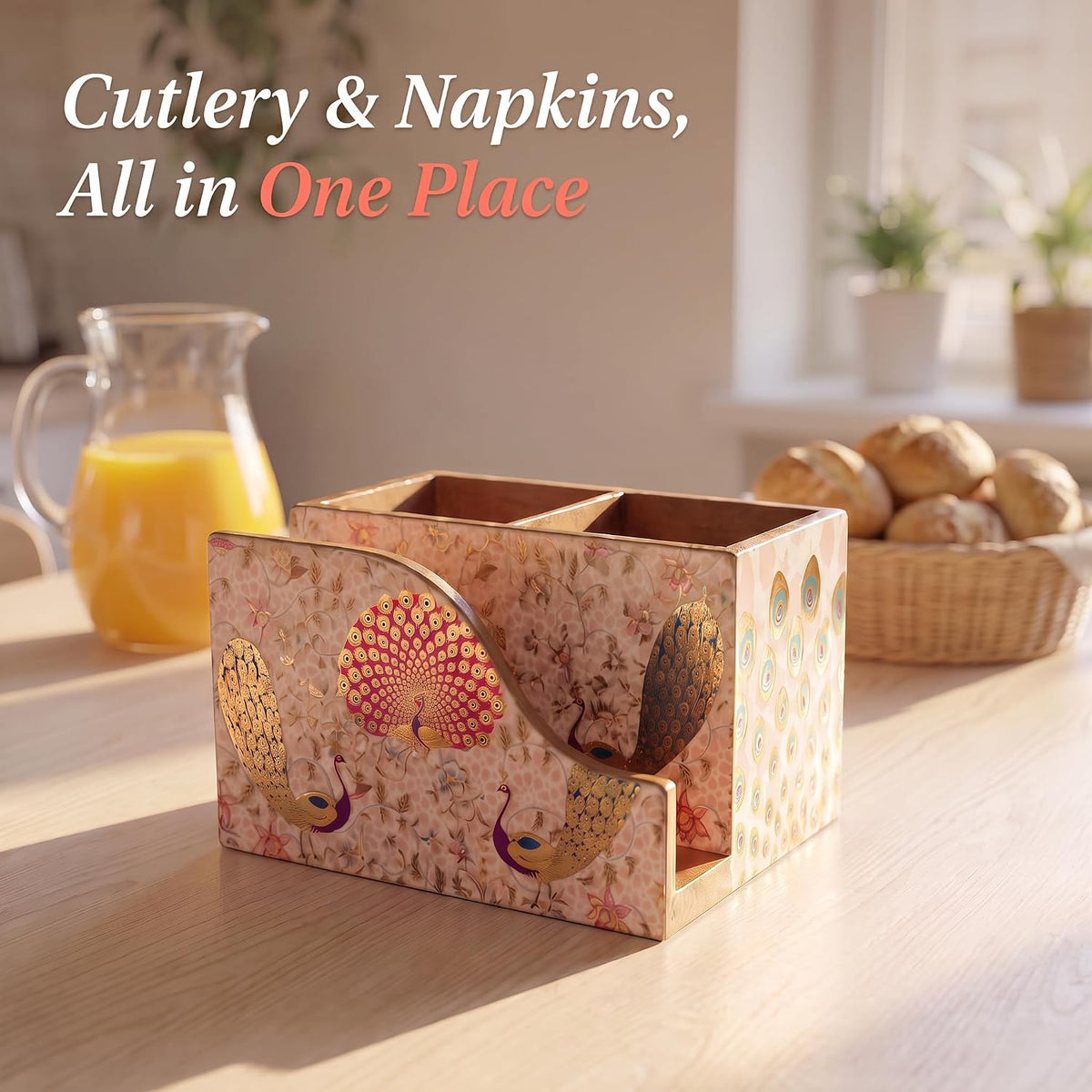 HOKIPO Cutlery Holder with Napkin Stand, Engineered Wood, Gulabi Mayurvan - image 7