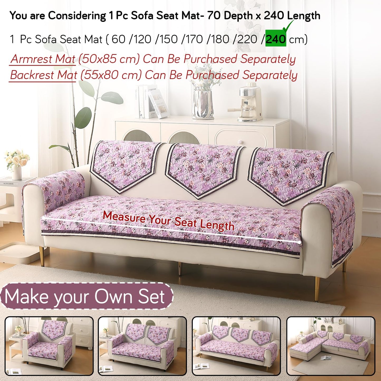 Florentina Series Premium Holland Velvet Sofa Cover Mat - Peony Lavender